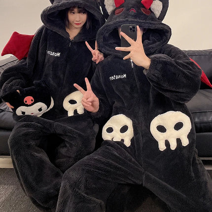 DAIMELU hooded male pajamas set men's cartoon winter thickened coral fleece flannel boy one-piece loungewear suit sleepwear