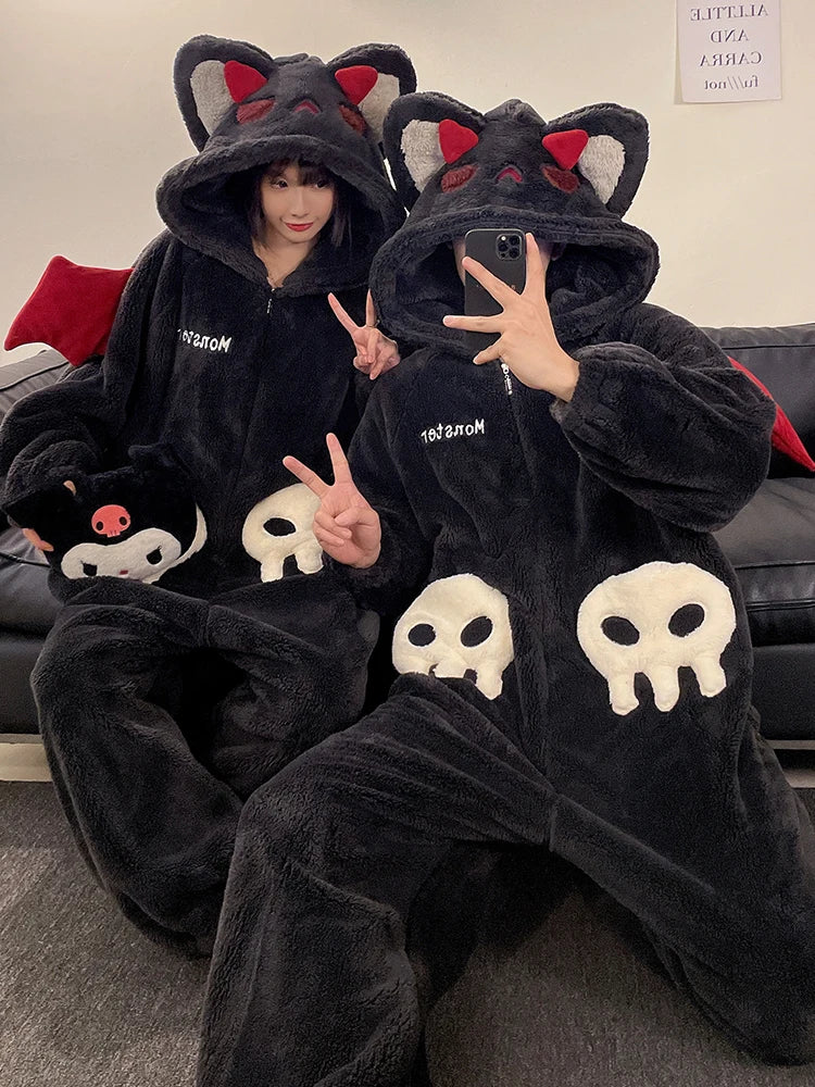 DAIMELU hooded male pajamas set men's cartoon winter thickened coral fleece flannel boy one-piece loungewear suit sleepwear