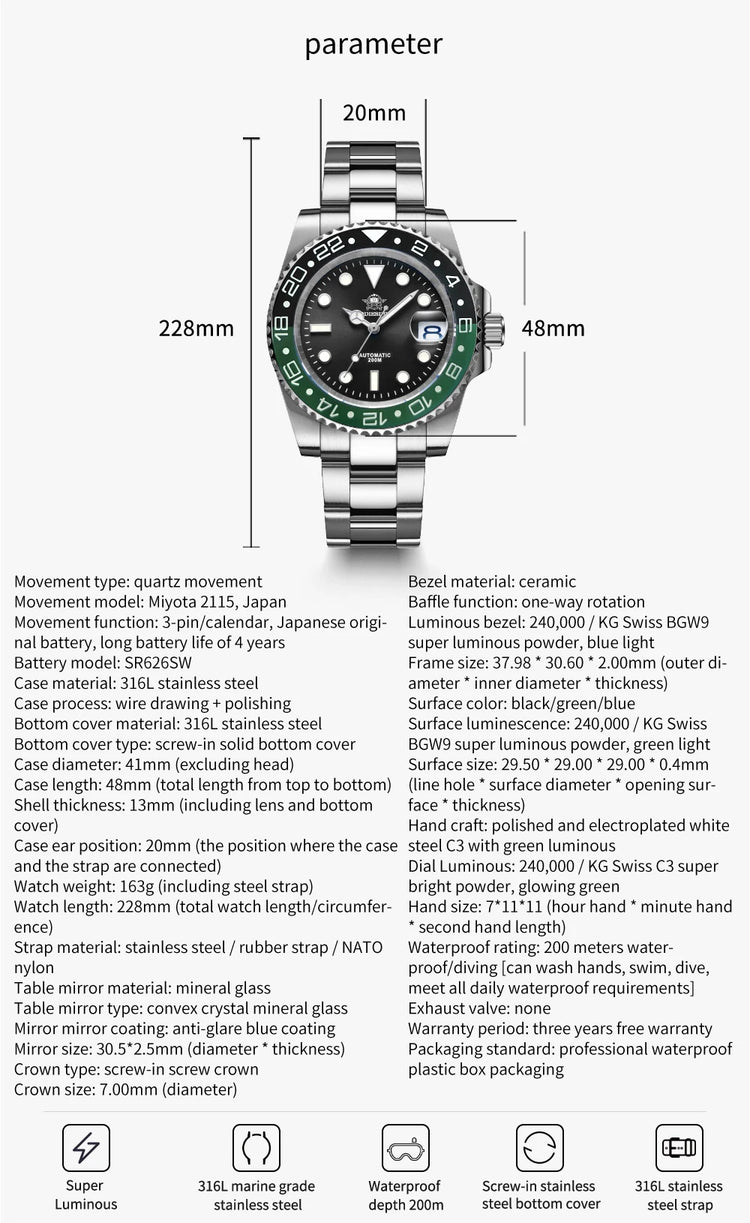 ADDIESDIVE Men's Watch NH35 Automatic Luxury Sapphire Crystal 200m Waterproof Luminous Date Stainless Watches Relogios Masculino