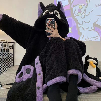 Cartoon Animal Fox Pajamas Women's Winter Coral Fleece Thickened One-Piece Plush Cute Long Hooded Plus Size Robe Home Wear