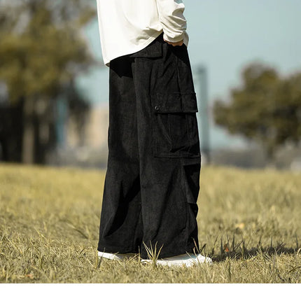 2025 autumn and winter new retro brown corduroy multi pocket workwear pants for men, loose drawstring elastic waist pants