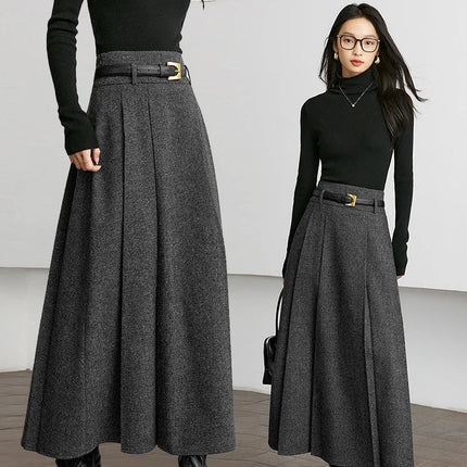 VIMLY Elegant Wool Blend Pleated Maxi Skirt for Women 2025 Winter High Waist Stereo Heavy Duty Skirt Office Lady Clothes M9173 PlatiNum