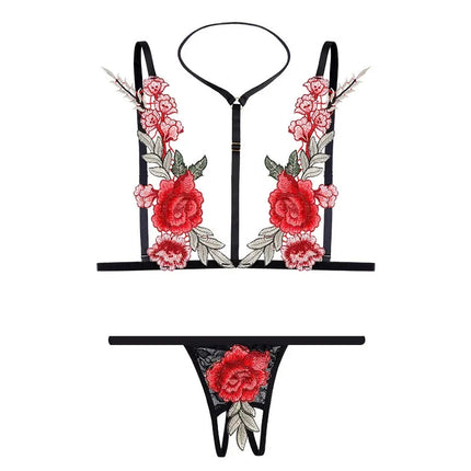 Women's Sexy Lace Rose Mini Lingerie Set Hot Underwear Embroidered Sleepwear Bras Panties Combo for Ladies