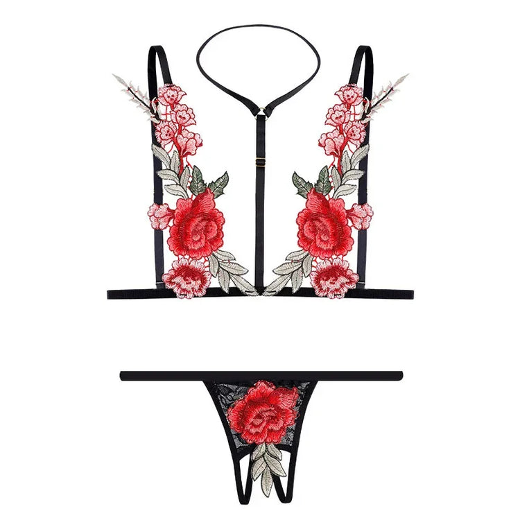 Women's Sexy Lace Rose Mini Lingerie Set Hot Underwear Embroidered Sleepwear Bras Panties Combo for Ladies