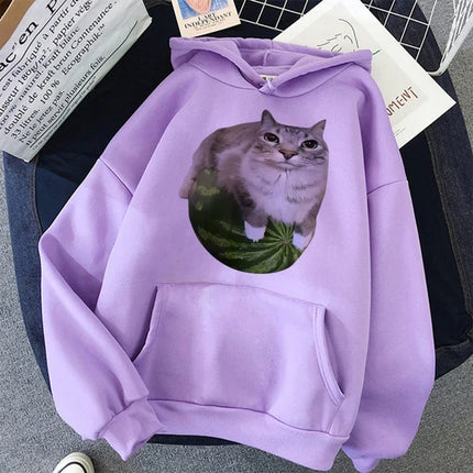 Cute Watermelon Cat Silly Cat Meme Printed Hoodies 90s Casual Sweatshirts Graphic Y2k Hooded Women's Gothic Streetwear Clothes