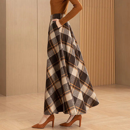 New Women Woolen Plaid Skirt Autumn Winter Fashion Elastic High Waist A-Line Wool Blended Long Skirt Simplicity Vintage Skirt PlatiNum