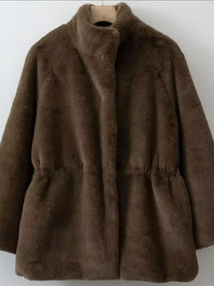 Women's Brown Plush Faux Fur Coat Funnel Neck Drawstring Waist Mid-Length Thick Winter Warm Elegant Luxe Chic Outerwear