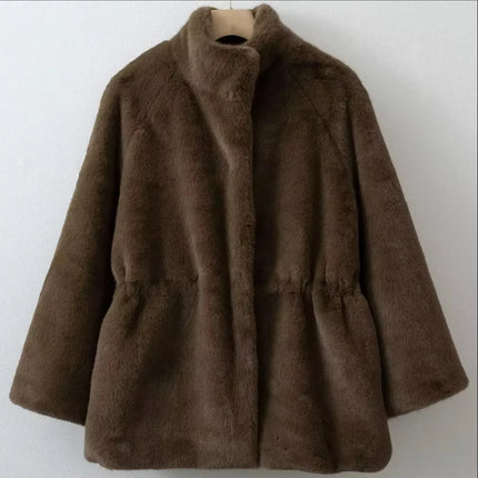 Women's Brown Plush Faux Fur Coat Funnel Neck Drawstring Waist Mid-Length Thick Winter Warm Elegant Luxe Chic Outerwear