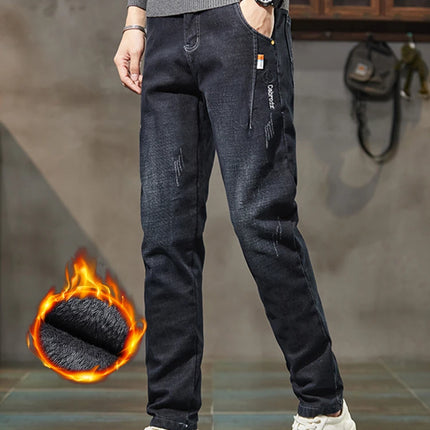 Men's Thick Winter Jeans Slim Elastic Velvet Warm Business Casual Trousers Fashion Vintage Straight Male Plush Denim Pants