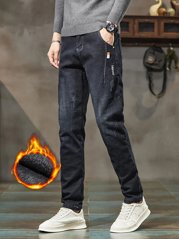 Men's Thick Winter Jeans Slim Elastic Velvet Warm Business Casual Trousers Fashion Vintage Straight Male Plush Denim Pants