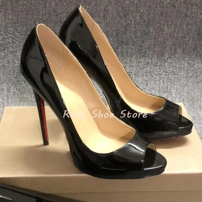 Super Waterproof Platform Patent Leather Women's Pumps Sexy Peep Toe Slip On Stiletto Sandals Model Show Dress Shoes Party Shoes