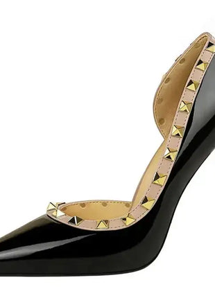 2025 Nuovo Sexy Nero Sottile Tacchi Alti 10.5 Centimetri Scarpe da Donna Testa A Punta Rivetto Pompe da Donna in Pelle Verniciata Stiletto Scarpe da Discoteca platinumshop