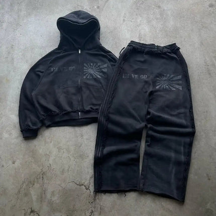 Streetwear Y2k Zipper Hoodie New Two Piece Set Hip Hop Digital Print Hooded Men Women Sweatshirts Drawstring Casual Sports Pant PlatiNum