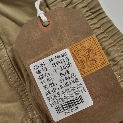 Autumn New American Retro Woven Cargo Pants Men's 97.5% Cotton Washed Elastic Waist Drawstring Loose Casual Anke-tied Trousers
