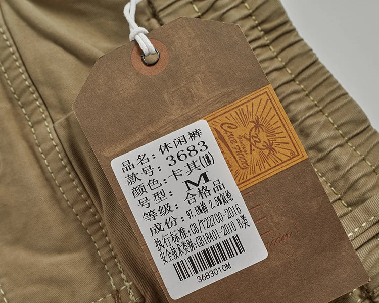 Autumn New American Retro Woven Cargo Pants Men's 97.5% Cotton Washed Elastic Waist Drawstring Loose Casual Anke-tied Trousers