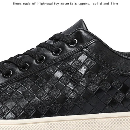 Men Woven Faux Leather Lace‑Up Skate Sneakers Low Top Flat Casual Shoes Retro Stitching Splicing Daily Outdoor Commuter Footwear