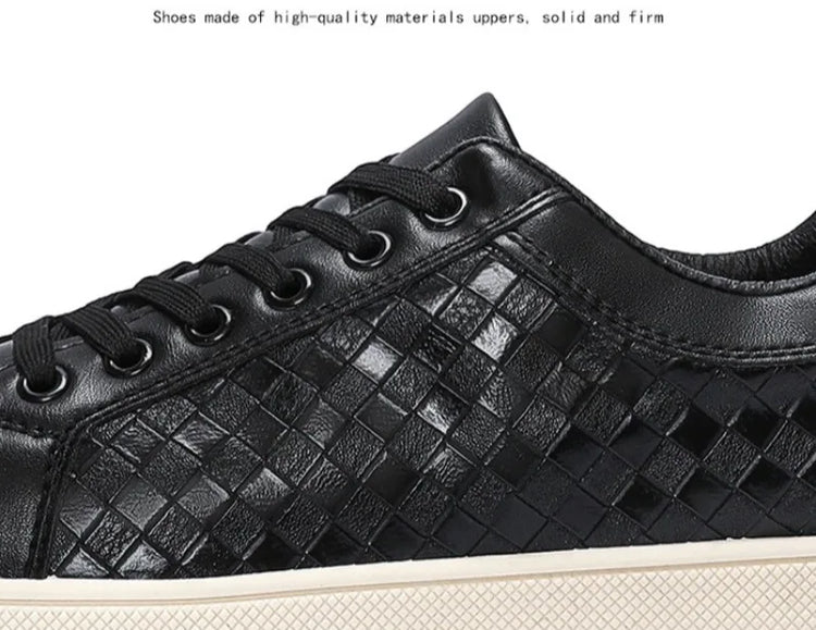 Men Woven Faux Leather Lace‑Up Skate Sneakers Low Top Flat Casual Shoes Retro Stitching Splicing Daily Outdoor Commuter Footwear