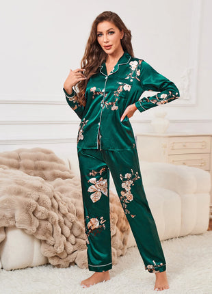Set pigiama in raso con bordature a contrasto con stampa floreale, pigiama da donna e pigiama con bottoni e pantaloni con risvolto
