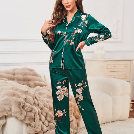 Set pigiama in raso con bordature a contrasto con stampa floreale, pigiama da donna e pigiama con bottoni e pantaloni con risvolto