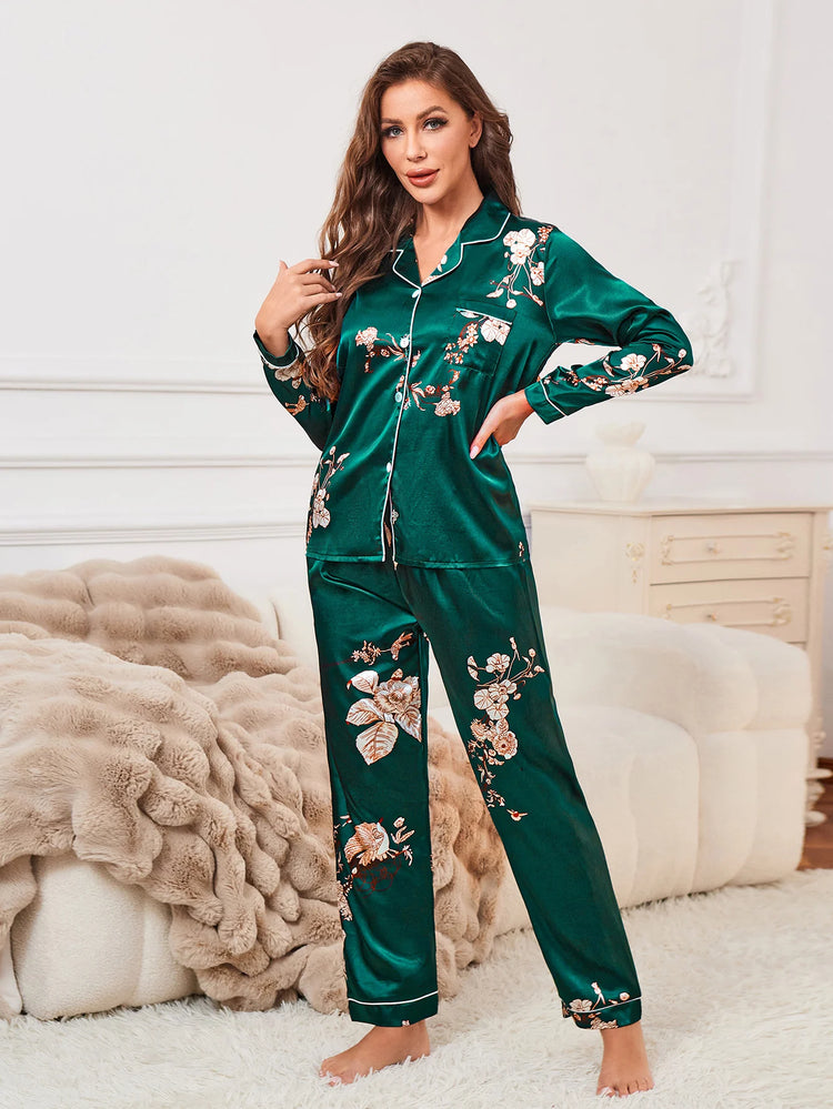 Set pigiama in raso con bordature a contrasto con stampa floreale, pigiama da donna e pigiama con bottoni e pantaloni con risvolto