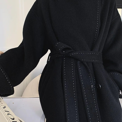 New Solid Korean Style Women Wool Coat Arch Needle Large Neck Versatile Fashion Texture Double Sided Trench Coats Female Winter