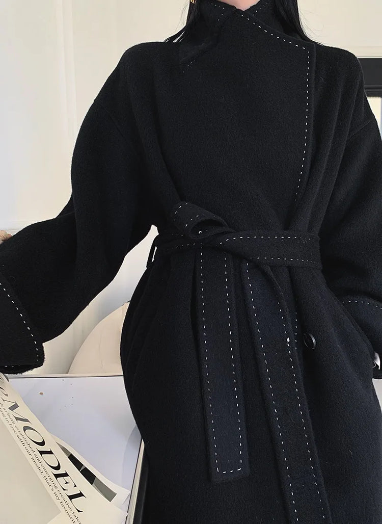New Solid Korean Style Women Wool Coat Arch Needle Large Neck Versatile Fashion Texture Double Sided Trench Coats Female Winter