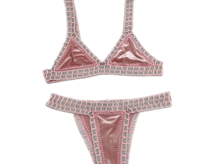 2024 Set bikini a triangolo fatto a mano all'uncinetto rosa donna costume da bagno in velluto nero costumi da bagno moda Boho Beachwear costume da bagno verde PlatiNum