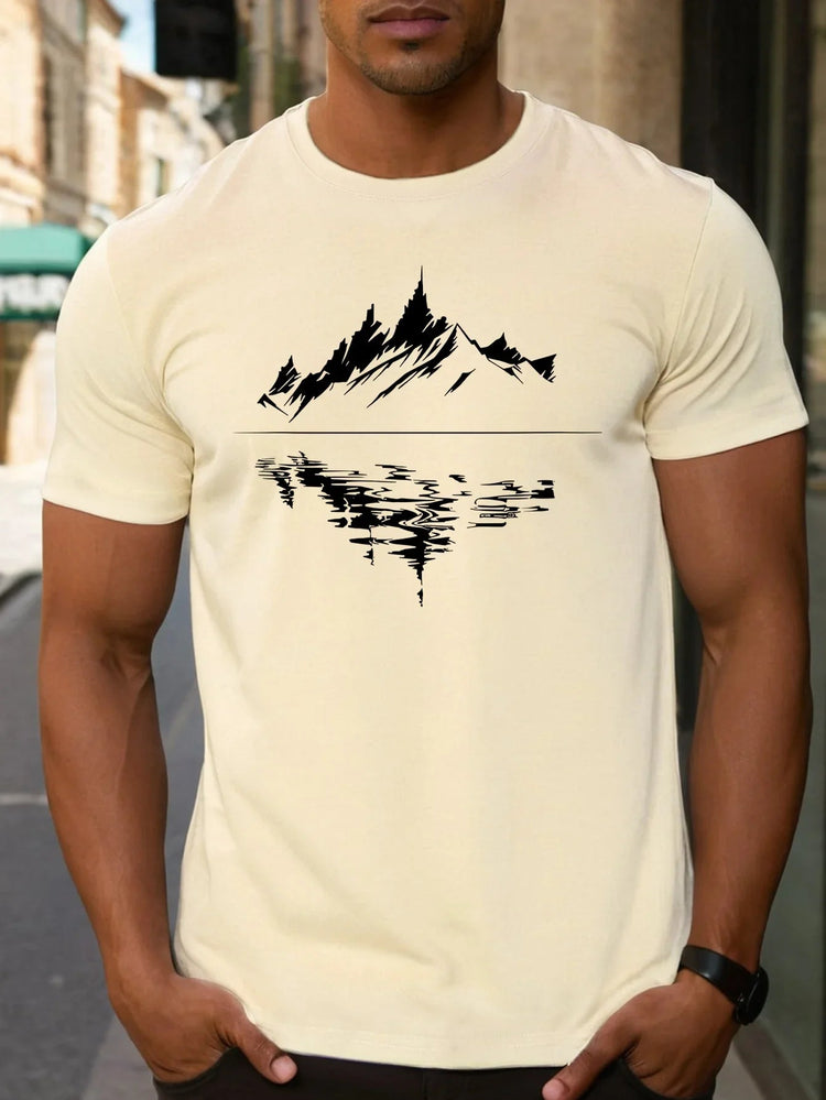 Men's summer 100 pure cotton fashionable casual loose fit plus mountain reflection printed round neck short sleeved T-shirt top PlatiNum