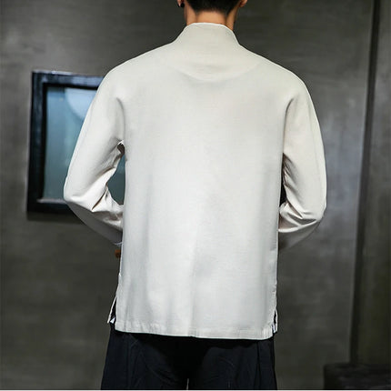 Camicie con ricamo gru Abbigliamento tradizionale cinese vintage Mezza manica da uomo in lino Solido colletto Madarin Cardigan Hanfu Kungfu
