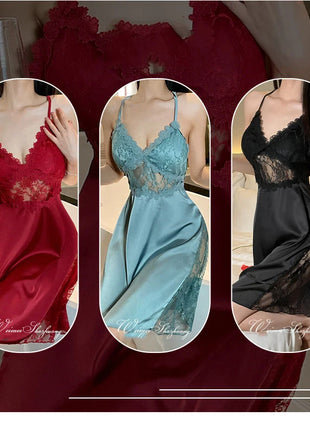 2025 nuova camicia da notte sexy canotta da donna in pizzo indumenti da notte per la casa in raso co