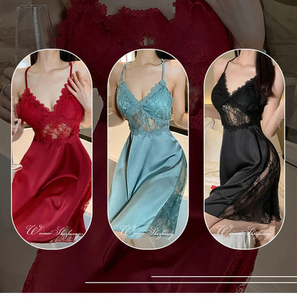 2025 nuova camicia da notte sexy canotta da donna in pizzo indumenti da notte per la casa in raso con scollo a V profondo backless canotta di lusso indumenti da notte plus size rosso nero