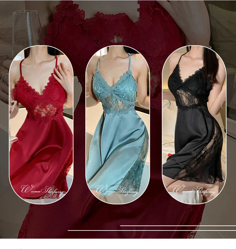 2025 nuova camicia da notte sexy canotta da donna in pizzo indumenti da notte per la casa in raso co