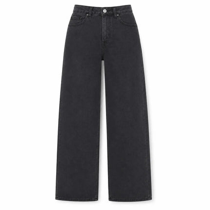 Women's Wide Leg Jeans in Grey-Black, High Waist, Stretch Denim, Loose Fit, Belt Detail with Scarf, Modern Casual Style, Fashionable Pants for All Seasons, Sizes Xs-Xl，Fx1338-5