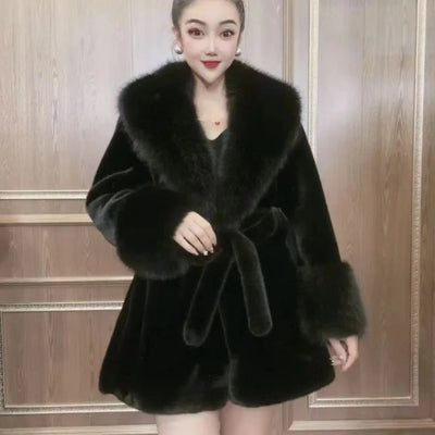 Luxury Brand Chic Faux Fur Coats Fur Collar Oversized with Belt Women Fur Jackets Winter Long Sleeve Outerwear Soft Coats New