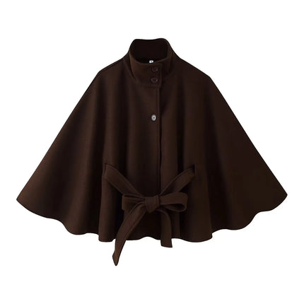 KONDALA Women Fall Casual Elegant Cloak Jacket Stand-Collar Soft Tweed Belt Jacket New 2026 Autumn Winter Trendy Cape Style Coat