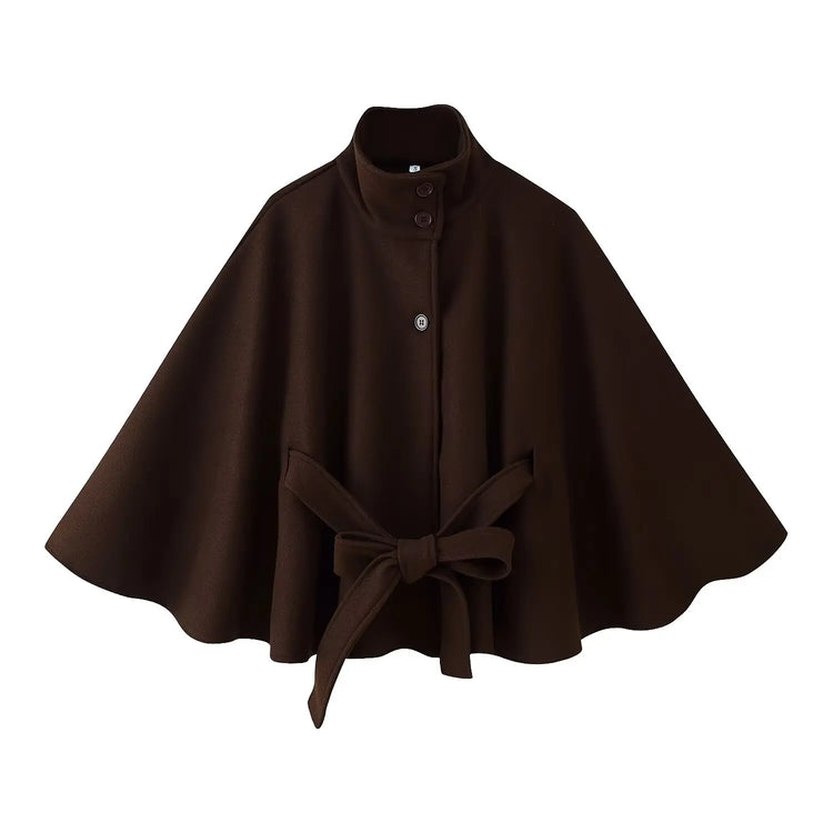 KONDALA Women Fall Casual Elegant Cloak Jacket Stand-Collar Soft Tweed Belt Jacket New 2026 Autumn Winter Trendy Cape Style Coat