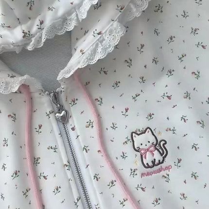 Y2k Hoodies Green Kawaii Cat Floral Print Hooded Zip-up Woman Sweatshirts Pink Thin Jacket Spring Fall Clothes Cute Streetwear