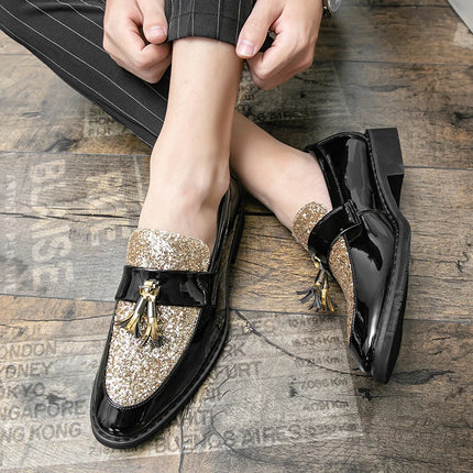Mocassini di Lusso da Uomo con Tacco Basso, Slip-on Casual in Pelle Dorata, Scarpe da Festa con Nappe, Scarpe Eleganti da Uomo, Scarpe con Plateau da Uomo
