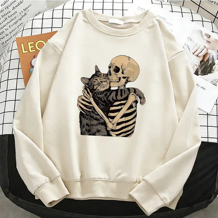 Vintage High Quality Retro Skull with Cat Womens Hoodies Warm Fleece Sweatshirt Soft O-Neck Pullover Casual Female Clothes