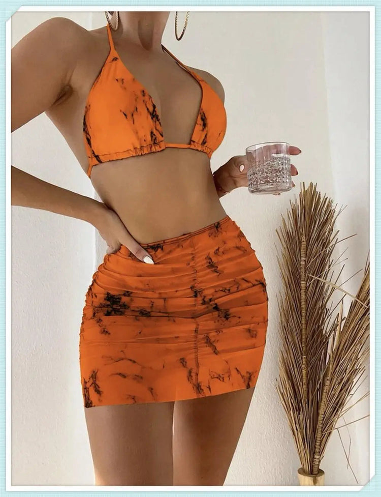 3 pezzi perizoma Bikini con gonna marmo texture costume da bagno donna costume da bagno Set costumi da bagno femminili abbigliamento da spiaggia nuoto estate platinumshop