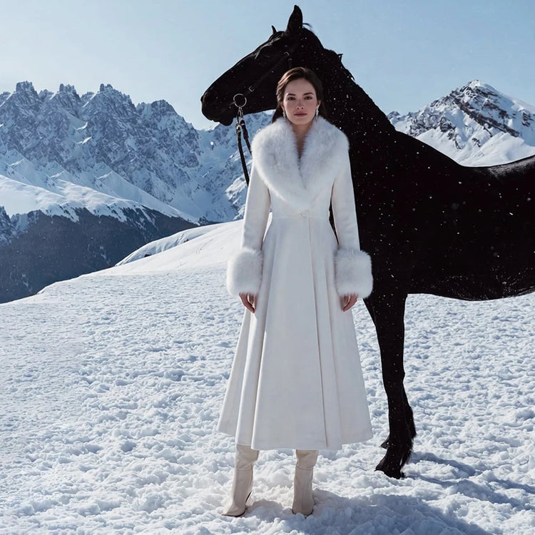 Women Elegant Long Wool Blend Coat Faux Fur Big Collar Cuff Cinched Waist Flare A‑line Maxi Coat Retro Party Outerwear Overcoat