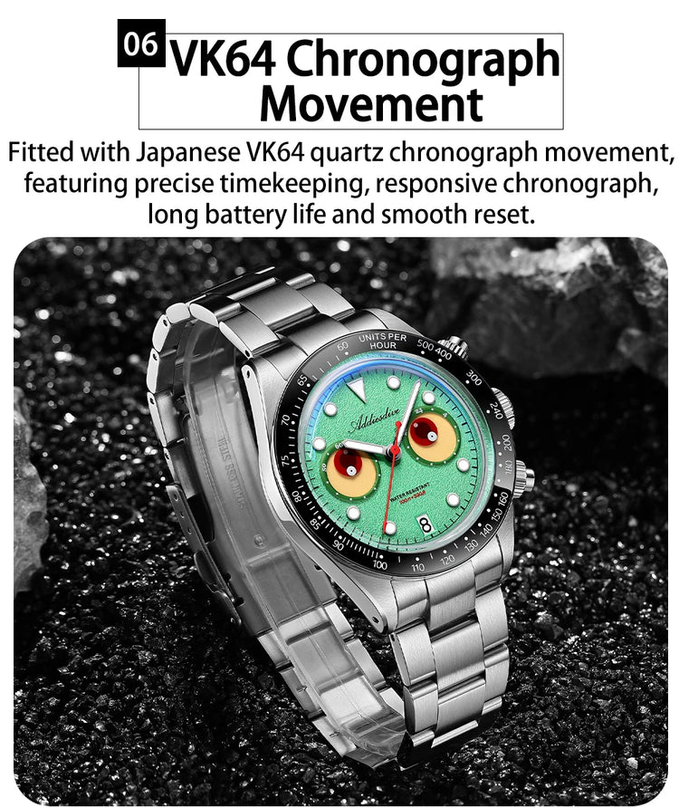 ADDIESDIVE New Men Watch AD2557 Luxury Chronograph VK64 Quartz Wristwatch Ceramic Bezel Luminous Dive 100m Waterproof 40mm Watch