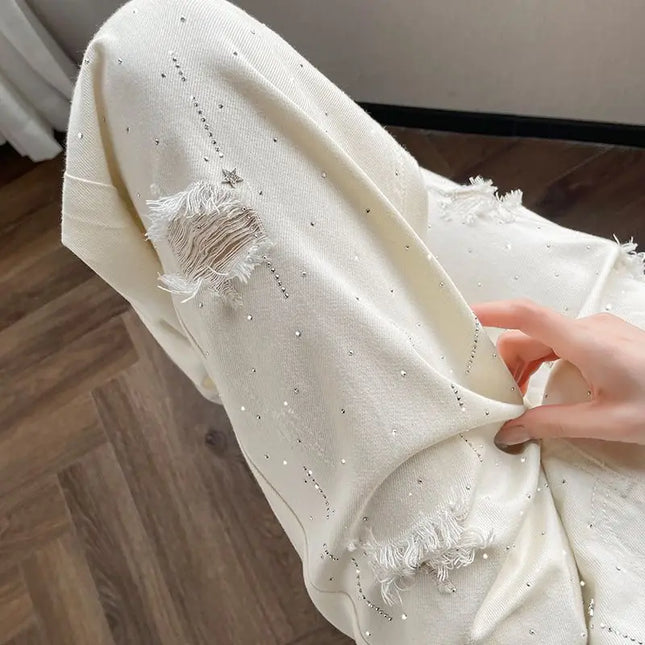 Jeans bianchi traspiranti a gamba larga da donna Pantaloni strappati per pantaloni estivi a vita alta con diamanti