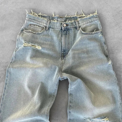 Straight Jeans Distressed Men Jean Ripped Holes Washed Denim Pants Ankle Length Loose Solid Zipper Fly Pockets Casual 2025 PlatiNum