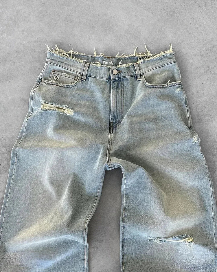 Straight Jeans Distressed Men Jean Ripped Holes Washed Denim Pants Ankle Length Loose Solid Zipper Fly Pockets Casual 2025 PlatiNum