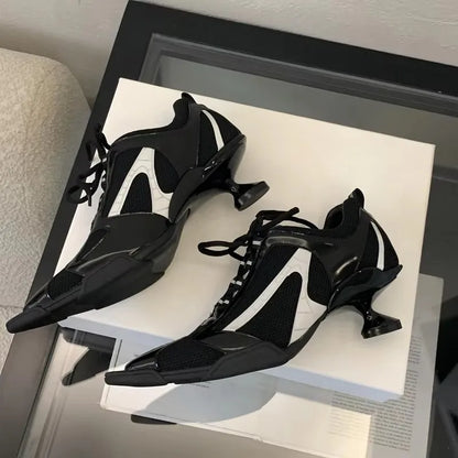 Low Heels Silver Shoes Women Pointed Toe Lace Up Sports Style High Heels Comfort Ladies Pumps Black Spring 2025 Shoes