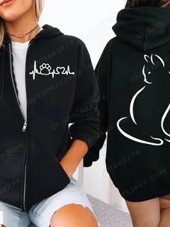 Women Zipper Hoodies Autumn Winter New Cute Cat Heatbeat Line Print Hoodies Hip Hop Streetwear Women Zip Up Jacket Coat Clothing