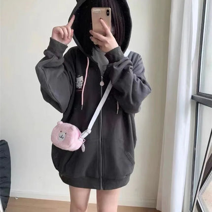 Zipper Hoodie Gothic Cartoon Kawaii Cat Ear Y2k Jacket Zip Up Thin Coat Spring Autumn Cute Core 2000s Clothes Fall Sweatshirts