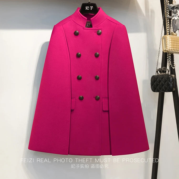 French Elegant Retro Hepburn Style Stand Collar Double-breasted Loose Temperament Commuter Woolen Jacket Cape Cloak Women Autumn