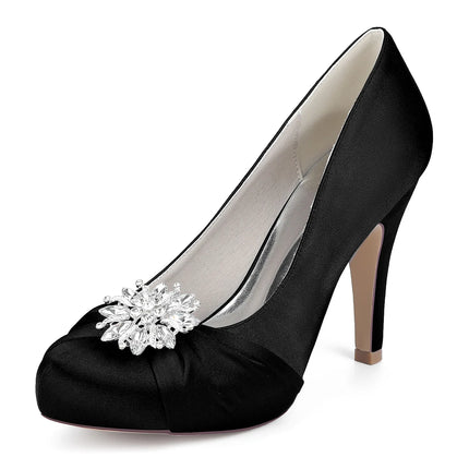 Primavera Boca de pescado Punta redonda Diamantes de imitación de seda Zapatos de boda impermeables de tacón alto para mesa Sandalias de mujer de talla grande para vestido de banquete